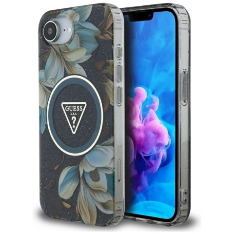 Guess IML Metal Glitter Flowers Triangle MagSafe - Etui do iPhone 16e (czarny)