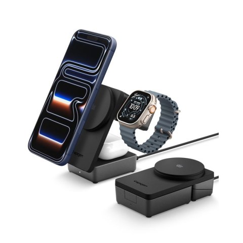 Spigen EF323MQ Essential - Ładowarka indukcyjna MagSafe 3w1 do iPhone, AirPods i Apple Watch 25W Qi 2.2 (Czarny)