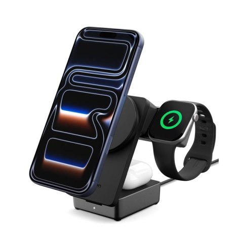Spigen EF323MQ Essential - Ładowarka indukcyjna MagSafe 3w1 do iPhone, AirPods i Apple Watch 25W Qi 2.2 (Czarny)