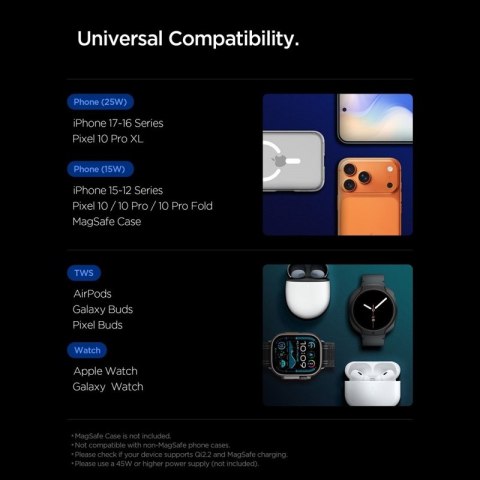 Spigen EF323MQ Essential - Ładowarka indukcyjna MagSafe 3w1 do iPhone, AirPods i Apple Watch 25W Qi 2.2 (Czarny)