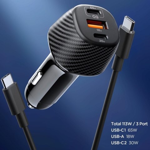 Spigen Essential EV1133 - Ładowarka samochodowa 2x USB-C PD & USB-A QC3.0 113W + Kabel 100W USB-C 1 m (Black)