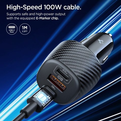 Spigen Essential EV1133 - Ładowarka samochodowa 2x USB-C PD & USB-A QC3.0 113W + Kabel 100W USB-C 1 m (Black)