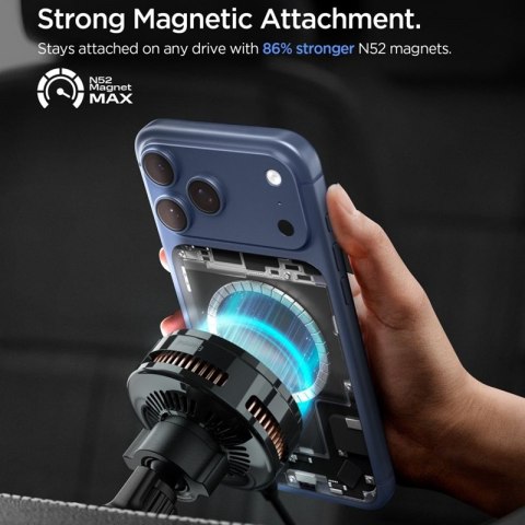 Spigen Essential EV25MFAQ - Magnetyczny uchwyt samochodowy na kratkę nawiewu z ładowaniem bezprzewodowym 25W MagSafe Qi2.2 (Blac