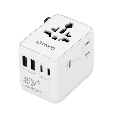 Crong One World Travel Adapter - Uniwersalny adapter podróżny GaN 45W UK/EU/US/AU (biały)