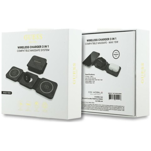 Guess 4G Wireless Charger - Ładowarka indukcyjna MagSafe 3w1 do iPhone, AirPods i Apple Watch 15W (czarny)