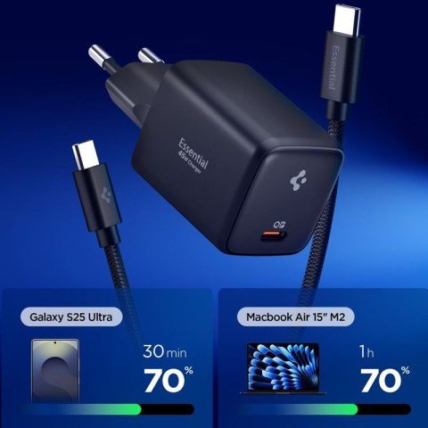 Spigen EE451EU Essential GaN Pro - Ładowarka sieciowa USB-C PD PPS 45W + kabel USB-C 1m (Czarny)