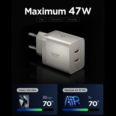 Spigen Essential EE472EU GaN - Ładowarka sieciowa 2x USB-C PD PPS 47W (Natural Titanium)