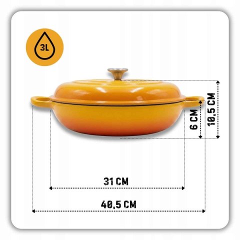 EMALIOWANY GARNEK ŻELIWNY PŁASKI 30cm 3L HAGE MUSZTARDOWY