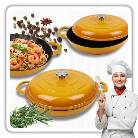 EMALIOWANY GARNEK ŻELIWNY PŁASKI 30cm 3L HAGE MUSZTARDOWY