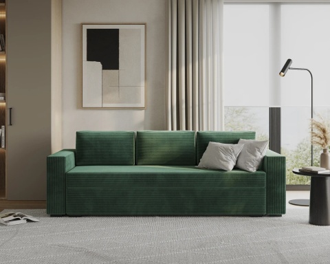 Sofa ELANO rozkładana, z poduszkami, tkanina: sztruks - 234x92 - SZTRUKS - Butelkowa zieleń