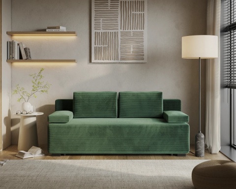 Sofa LINEA rozkładana, z poduszkami, tkanina: sztruks - 202x87 - SZTRUKS - Butelkowa zieleń