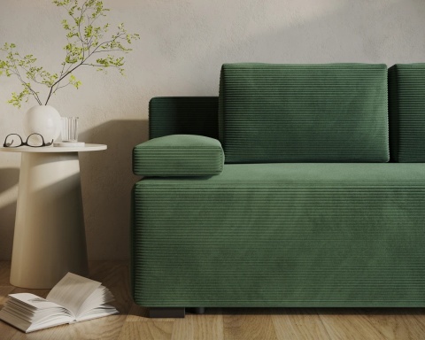 Sofa LINEA rozkładana, z poduszkami, tkanina: sztruks - 202x87 - SZTRUKS - Butelkowa zieleń
