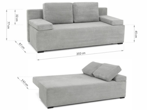 Sofa LINEA rozkładana, z poduszkami, tkanina: sztruks - 202x87 - SZTRUKS - Beż