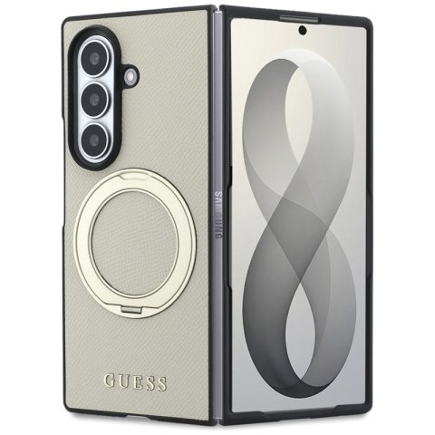 Guess Magnetic Ring Stand Grained Classic Logo MagSafe - Etui Samsung Galaxy Z Fold 8 Ultra (beżowy)
