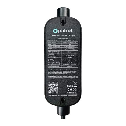 PLATINET EV ŁADOWARKA PRZENOŚNA SAMOCHODÓW EV/PHEV AC TYPE 2 MAX 16A 3,7KW 5M SCHUKO HOME LINE BLACK [46367]