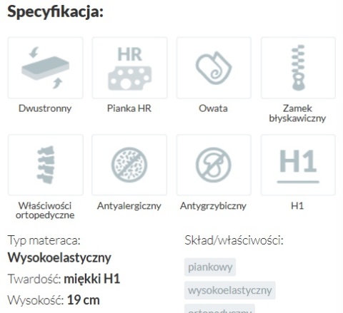 Średniotwardy Materac wysokoelastyczny Mojry H2 Plus 80x190x23 Margrita