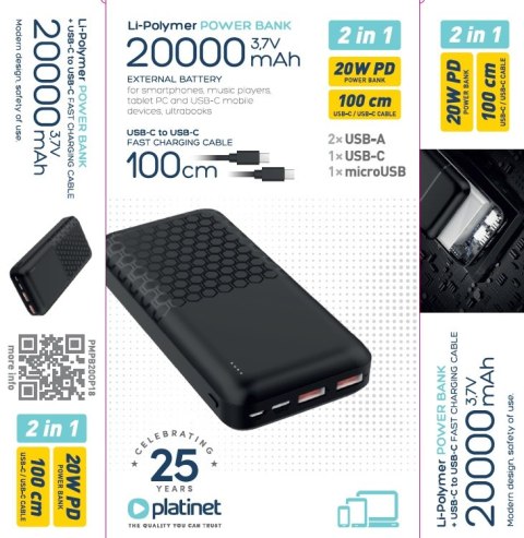 PLATINET POWER BANK 20000 mAh 20W PD + CABLE USB-C 1M HONEYCOMB BLACK [45932]
