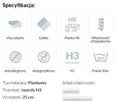 Materac ortpedyczny z pianką HR i Visco SENSIT H3 100x200x25 Medicott