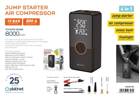 PLATINET POWER BANK CAR JUMP STARTER WITH AIR COMPRESSOR MINI 8000mAh 800A 19 mm 22L/min [46307]