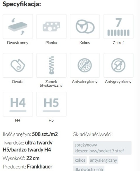 Materac Multipocket H4H5 powyżej 110kg lub 130kg Kronos 160x190 AloeVera