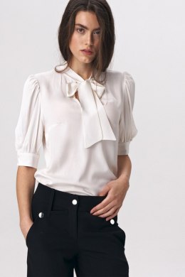 Elegancka bluzka ecru z wiązaniem na dekolcie B107 Ecru - Nife