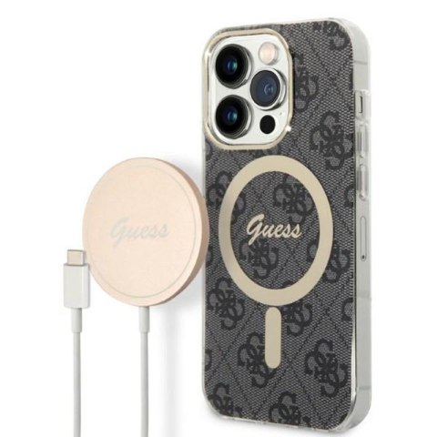 Guess Bundle Pack MagSafe 4G - Zestaw etui + ładowarka MagSafe iPhone 14 Pro (czarny/złoty)