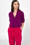 Wiskozowa purpurowa bluzka z podwijanym rękawem B147 Purpura - Nife Nife